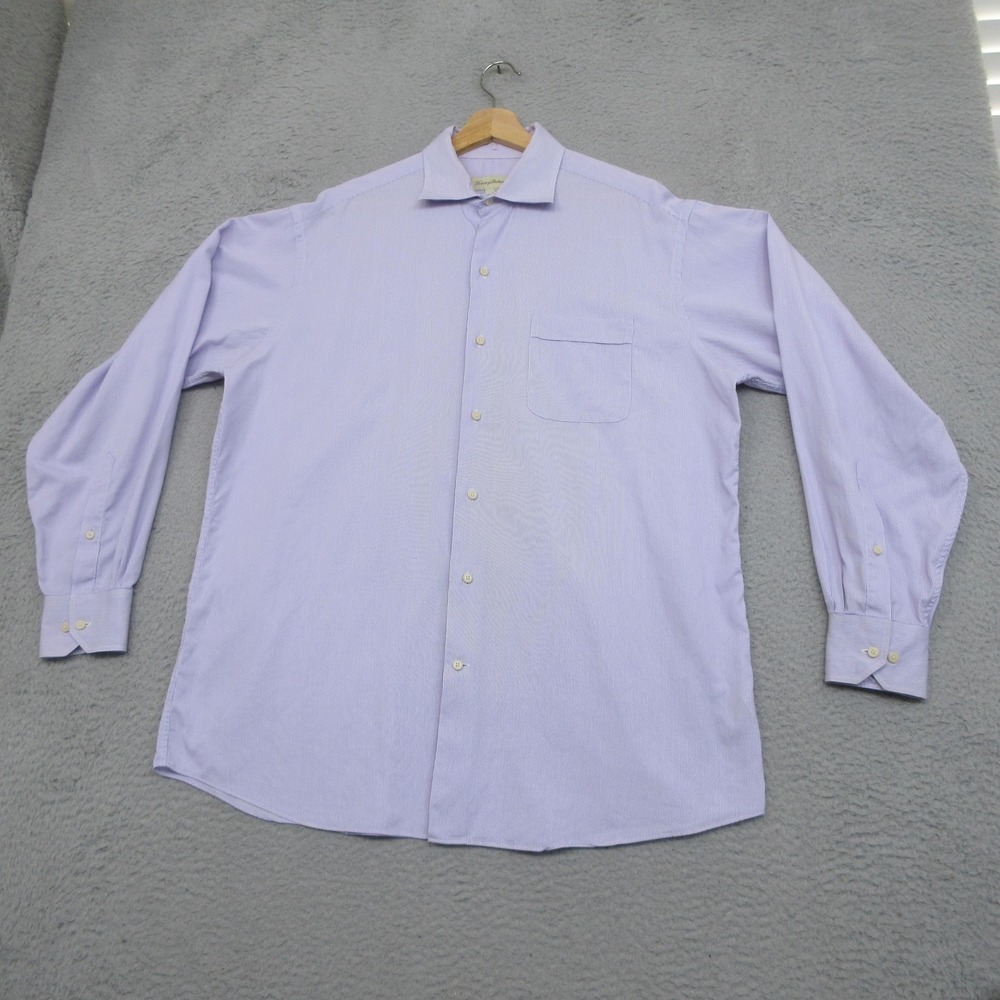 Tommy Bahama Dress Shirt Mens 16.5 34/35 Purple Stripe 100% Cotton Classic Fit